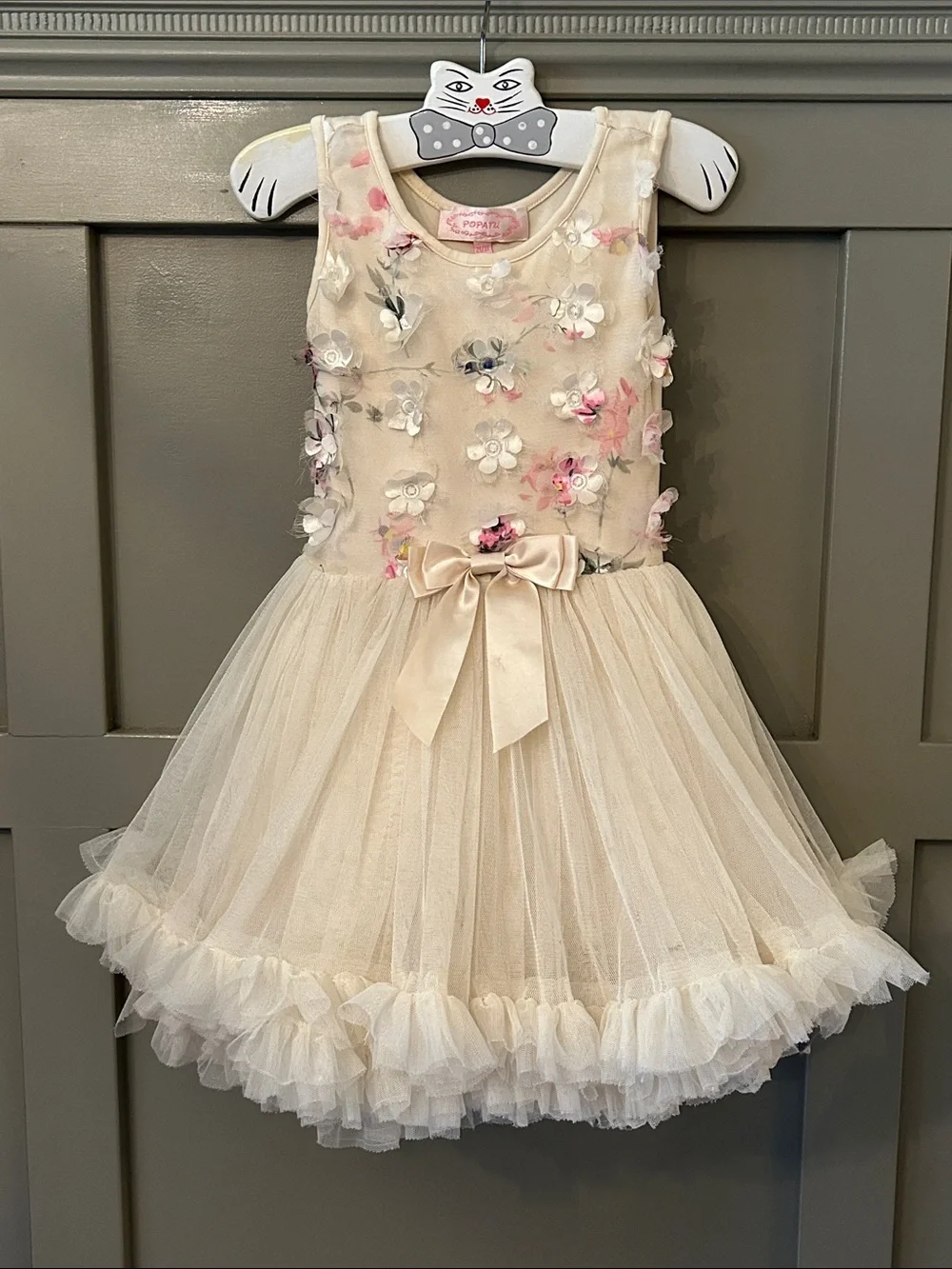 Popatu 3D Floral Dress Tutu Formal Flower Girl Ivory Cream Size 2T / 3T